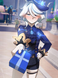 Rule 34 | 1girl, ascot, black ascot, black eyes, black shorts, blue eyes, blue hair, blue hat, blue jacket, blush, box, commentary, furina (genshin impact), genshin impact, gift, gift box, gloves, hand on own hip, hat, heterochromia, highres, holding, holding gift, jacket, kodona, lolita fashion, long sleeves, looking at viewer, reaching, reaching towards viewer, short hair, shorts, solo, symbol-only commentary, top hat, twitter username, two-tone dress, white gloves, white hair, yuushiba