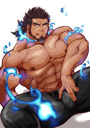 Rule 34 | 1boy, :q, abs, absurdres, bara, beard, belt, black hair, black pants, blue fire, bulge, crotch grab, dark-skinned male, dark skin, facial hair, feet out of frame, fire, forked eyebrows, highres, kizami nori to yamaimo, large pectorals, looking at viewer, male focus, mature male, medium hair, muscular, muscular male, navel, nipples, pants, pectorals, sandayu (housamo), sitting, smug, solo, spread legs, stomach, thick thighs, thighs, tokyo houkago summoners, tongue, tongue out, topless male