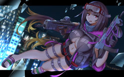 Rule 34 | 1girl, bare legs, belt, black gloves, black hair, breasts, broken glass, building, fate/grand order, fate (series), full body, glass, gloves, goggles, goggles on head, gun, highres, j yak47, large breasts, letterboxed, navel, night, open mouth, osakabehime (fate), osakabehime (swimsuit archer) (fate), osakabehime (swimsuit archer) (first ascension) (fate), purple eyes, swimsuit, thigh strap, weapon