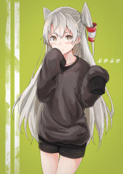 Rule 34 | 10s, 1girl, alternate costume, amatsukaze (kancolle), black shirt, black shorts, blouse, blush, brown eyes, collarbone, hair between eyes, hair tubes, highres, kantai collection, long hair, remil, shirt, shorts, silver hair, sleeves past wrists, solo, two side up