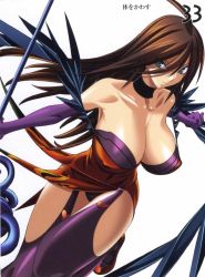 Rule 34 | brown hair, covered erect nipples, dress, green eyes, highres, nyx (queen&#039;s blade), queen&#039;s blade, simple background, staff