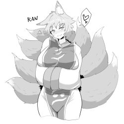 Rule 34 | 1girl, animal ear fluff, animal ears, arms under breasts, breasts, character name, closed mouth, commentary request, cowboy shot, cropped legs, dress, fang, fang out, fox ears, fox tail, greyscale, hands in opposite sleeves, heart, huge breasts, long sleeves, monochrome, multiple tails, no headwear, short hair, signature, simple background, skin fang, slit pupils, smile, solo, spoken heart, tabard, tail, touhou, warosufox, white background, yakumo ran