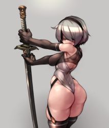 Rule 34 | 1girl, ass, black blindfold, black gloves, black thighhighs, blindfold, breasts, butt crack, covered eyes, elbow gloves, from behind, garter straps, gloves, grey background, highres, huge weapon, kelvin hiu, leotard, looking back, medium breasts, nier (series), nier:automata, no pants, ootachi, planted, planted sword, planted weapon, shiny skin, short hair, silver hair, solo, sports bra, sword, thick thighs, thighhighs, thighs, thong leotard, weapon, white leotard, 2b (nier:automata)