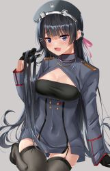 Rule 34 | 1girl, absurdres, alternate costume, ash arms, black hair, black thighhighs, blush, breasts, cleavage, commentary request, grey background, hat, highres, ia 1928, long hair, medium breasts, military, military uniform, nijisanji, open mouth, simple background, solo, thighhighs, tsukino mito, uniform, virtual youtuber