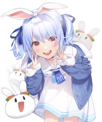 Rule 34 | 1girl, blue hair, blue vest, carrot hair ornament, collar, double v, dress, food-themed hair ornament, fur trim, hair ornament, highres, hololive, leaning forward, long sleeves, looking at viewer, open mouth, red eyes, short eyebrows, short hair, simple background, smile, ujou, usada pekora, usada pekora (casual), v, vest, virtual youtuber, white background, white dress
