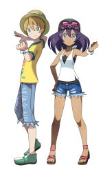 Rule 34 | 1boy, 1girl, asatsuki (fgfff), black hair, blonde hair, closed mouth, creatures (company), dark skin, dexio (pokemon), game freak, glasses on hat, green footwear, grey eyes, hand on own hip, hat, highres, looking at viewer, mega stone, nintendo, official style, pants, pokemon, pokemon sm, sandals, shirt, shoes, short hair, short sleeves, shorts, sina (pokemon), sleeveless, sleeveless shirt, smile, sun hat, white background