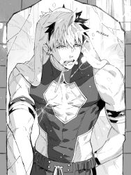 Rule 34 | 1boy, abs, cleavage cutout, clothing cutout, crack, cracked glass, crimzon ruze, earrings, english text, greyscale, highres, holostars, holostars english, jewelry, large pectorals, looking at viewer, looking to the side, male focus, mirror, monochrome, multicolored hair, multiple scars, muscular, muscular male, pectorals, pointy ears, scar, semi (p-poco), short hair, solo, toothbrush in mouth, toothpaste, towel, towel on head, two-tone hair, upper body, virtual youtuber, white scars