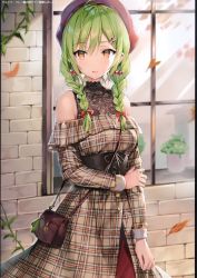 Rule 34 | 1girl, absurdres, ahoge, autumn leaves, bag, bare shoulders, beret, blush, bow, braid, breasts, brick wall, brown eyes, buttons, commentary request, corset, dress, earrings, green hair, hair between eyes, hair bow, hair ornament, hairclip, handbag, hat, highres, holding own arm, jewelry, long hair, looking at viewer, medium breasts, momoko (momopoco), off shoulder, open mouth, original, outdoors, plaid, plant, shoulder bag, solo, standing, tagme, twin braids, window