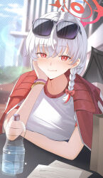 Rule 34 | 1girl, absurdres, black wings, blue archive, blush, bottle, braid, breasts, closed mouth, day, demon wings, eyewear on head, fake wings, grey hair, gym shirt, gym uniform, hair between eyes, halo, haruna (blue archive), haruna (track) (blue archive), highres, jacket, jacket on shoulders, large breasts, long hair, looking at viewer, official alternate costume, outdoors, paper, red eyes, red halo, shirt, side braid, single wing, smile, solo, sunglasses, sysen, track jacket, water, water bottle, white shirt, wings