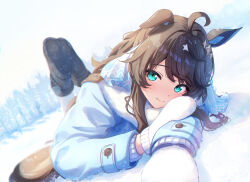 Rule 34 | 1girl, animal ears, ankle boots, aqua eyes, black footwear, blue coat, blush, boots, brown hair, closed mouth, coat, daring tact (umamusume), day, fur-trimmed boots, fur-trimmed coat, fur trim, highres, horse ears, horse girl, horse tail, horseshoe, kashmir 0808, long hair, long sleeves, looking at viewer, lying, mittens, on ground, on stomach, outdoors, smile, snow, solo, swept bangs, tail, umamusume, white mittens, winter