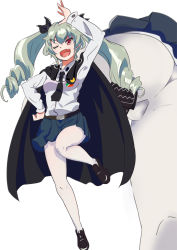 Rule 34 | 10s, 1girl, anchovy (girls und panzer), anzio school uniform, artist request, ass, breasts, cape, curvy, drill hair, female focus, girls und panzer, hair ribbon, jumping, long hair, one eye closed, ribbon, school uniform, simple background, smile, solo, twin drills, twintails, wink