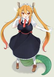 Rule 34 | 1girl, 3 vjo, asymmetrical gloves, black dress, blonde hair, breasts, brown footwear, collared shirt, commentary request, dragon girl, dragon horns, dragon tail, dress, elbow gloves, frilled dress, frills, gloves, gradient hair, hair between eyes, heart, highres, horns, kobayashi-san chi no maidragon, large breasts, multicolored hair, panties, puffy short sleeves, puffy sleeves, red eyes, red hair, shadow, shirt, shoes, short sleeves, sleeveless, sleeveless dress, solo, tail, tohru (maidragon), twintails, underwear, white gloves, white panties, white shirt