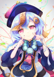 Rule 34 | 1girl, bandaged arm, bandages, black nails, blue hair, blue hat, braid, closed mouth, commentary request, cropped jacket, dress, genshin impact, hair between eyes, hair ornament, hands up, hat, head tilt, highres, jacket, long hair, nail polish, ofuda, otogi kyouka, purple jacket, qingdai guanmao, qiqi (genshin impact), red eyes, short sleeves, single braid, smile, solo, streamers, very long hair, white dress, wide sleeves