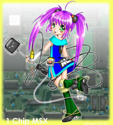 Rule 34 | 1chip msx, 1chip msx-tan, 1girl, ahoge, bare shoulders, blue dress, blurry, blurry background, blush, boots, border, cable, character name, circuit board, computer, computer chip, dress, from side, gloves, green eyes, green footwear, long hair, looking at viewer, looking back, magical girl, moe (phrase), msx, os-tan, personification, photo background, pink hair, second-party source, short dress, smile, solo, standing, standing on one leg, translation request, twintails, usb cable, wand, wire, yellow border