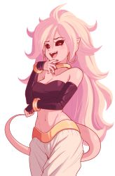 Rule 34 | 1girl, absurdres, android 21, black nails, black sclera, bracelet, breasts, cleavage, colored sclera, colored skin, detached sleeves, dragon ball, dragon ball fighterz, earrings, fangs, harem pants, highres, hoop earrings, jewelry, looking at viewer, majin android 21, nail polish, open mouth, pants, pink hair, pink skin, red eyes, sally (luna-arts), simple background, smile, solo, tail