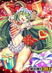 Rule 34 | 1girl, bell, blush, bow, breasts, copyright name, destiny child, gift, green eyes, green hair, high heels, highres, horns, iroyopon, kneeling, krampus (destiny child), long hair, looking at viewer, navel, one eye closed, open mouth, ribbon, small breasts, smile, solo, very long hair, yellow ribbon