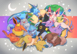 Rule 34 | alternate color, blush, closed eyes, commentary request, creatures (company), crescent, eevee, espeon, evolutionary line, flareon, game freak, gen 1 pokemon, gen 2 pokemon, gen 4 pokemon, gen 6 pokemon, glaceon, highres, jolteon, kikuyoshi (tracco), leaf, leafeon, looking at viewer, nintendo, open mouth, pokemon, pokemon (creature), purple eyes, shiny pokemon, sleeping, sleepy, smile, sylveon, tearing up, toes, tongue, umbreon, vaporeon