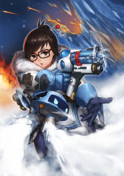 Rule 34 | 1girl, absurdres, aiming, backlighting, black-framed eyewear, blue background, blue gloves, brown eyes, brown hair, canister, coat, drone, floating, frown, fur-trimmed jacket, fur coat, fur trim, glasses, gloves, gun, hair bun, hair ornament, hair stick, highres, holding, holding gun, holding weapon, ice, jacket, looking at viewer, mei (overwatch), open mouth, overwatch, overwatch 1, qingmingtongzi, robot, short hair, single hair bun, snowball (overwatch), snowflake hair ornament, solo, upper body, v-shaped eyebrows, weapon, winter clothes, winter coat