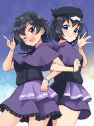 Rule 34 | 2girls, ;d, absurdres, antennae, bangle, black eyes, black hair, black headwear, black shirt, blue eyes, bracelet, capelet, center frills, commentary request, cowboy shot, frilled skirt, frills, hat, head wings, highres, index finger raised, jewelry, kemono friends, light blush, locked arms, looking at viewer, multiple girls, one eye closed, open mouth, purple capelet, purple skirt, shiraha maru, shirt, short hair, skirt, smile, superb bird-of-paradise (kemono friends), tail, western parotia (kemono friends), wings, ||/