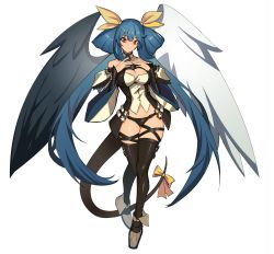 Rule 34 | 1girl, angel wings, asymmetrical wings, belt, black legwear, black panties, blue hair, breasts, choker, cleavage, closed mouth, commentary, commission, detached collar, detached sleeves, distr, dizzy (guilty gear), english commentary, full body, guilty gear, guilty gear xrd, hair between eyes, hair ribbon, hair rings, hand on own chest, highres, large breasts, long hair, looking at viewer, mature female, monster girl, panties, red eyes, revealing clothes, ribbon, sidelocks, simple background, smile, strap, tail, tail ornament, tail ribbon, thick thighs, thigh gap, thigh strap, thighs, twintails, underwear, white background, wide sleeves, wings, yellow ribbon