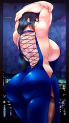 Rule 34 | 1girl, absurdres, arms behind head, artist name, ass, back, backboob, backless dress, backless outfit, black hair, blue dress, blue eyes, breasts, brown thighhighs, curvy, dress, from behind, highres, huge ass, huge breasts, long hair, looking at viewer, looking back, multicolored hair, muscular, muscular female, no bra, original, revealing clothes, sideboob, solo, standing, suketchib, suki (suketchib), thick thighs, thighhighs, thighs, wide hips