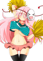 Rule 34 | &gt; &lt;, 1girl, :d, > <, adapted costume, alternate breast size, arm up, bare arms, black thighhighs, blush, bow, breasts, cheerleader, closed eyes, collarbone, colored eyelashes, curvy, hata no kokoro, large breasts, long hair, long sleeves, mask, miniskirt, mouth mask, navel, no bra, open mouth, pink eyes, pink hair, plaid, plaid shirt, pom pom (cheerleading), revealing clothes, rindou (p41neko), shirt, simple background, skirt, smile, solo, sweat, thighhighs, touhou, underboob, very long hair, white background, wide sleeves, xd, zettai ryouiki