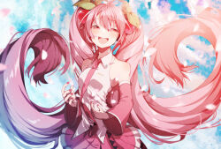 Rule 34 | 1girl, absurdly long hair, bare shoulders, belt, blue sky, blurry, blurry foreground, blush, breasts, cherry blossoms, cherry hair ornament, cloud, cloudy sky, day, detached sleeves, falling petals, food-themed hair ornament, hair ornament, half-closed eyes, hatsune miku, headphones, highres, leaf, leaf hair ornament, long hair, looking at viewer, nail polish, necktie, nuko 0108, open mouth, outdoors, petals, pink hair, pink nails, pink necktie, pink skirt, pink sleeves, sakura miku, shirt, sidelighting, signature, skirt, sky, sleeveless, sleeveless shirt, small breasts, smile, solo, twintails, upper body, very long hair, vocaloid, white shirt