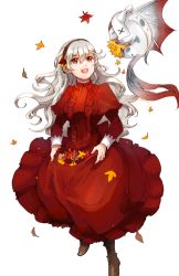 Rule 34 | 1girl, :d, black hairband, brown footwear, corrin (female) (fire emblem), corrin (fire emblem), dress, fire emblem, fire emblem fates, floating hair, hair between eyes, hairband, lilith (fire emblem), long dress, long hair, long sleeves, looking up, nintendo, open mouth, red dress, red eyes, robaco, siblings, sisters, smile, solo, standing, very long hair, white background, white hair