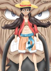 Rule 34 | absurdres, beard, black eyes, black hair, facial hair, hat, highres, kaidou (one piece), kenmaster17, monkey d. luffy, mustache, one piece, open clothes, scar, short hair, smile, solo, straw hat