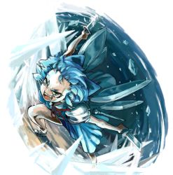 Rule 34 | &gt;:), &gt;:d, 1girl, :d, bad id, bad pixiv id, blue hair, chikuwa (tks), cirno, dual wielding, dutch angle, fighting stance, forehead, from above, green eyes, holding, ice, ice wings, knife, oekaki, open mouth, short hair, smile, solo, touhou, v-shaped eyebrows, wings