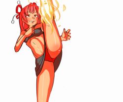 Rule 34 | blush, diable jambe, fire, hand on own chest, kicking, leg lift, leg up, panties, red hair, red panties, roblox, thighs, underwear, white background