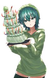 Rule 34 | 1girl, absurdres, birthday cake, blowing candle, blush, breasts, cake, dot nose, food, green eyes, green hair, green hat, green hoodie, green thighhighs, hair between eyes, hat, highres, holding, holding cake, holding food, holding tray, hood, hood down, hoodie, large breasts, long sleeves, medium hair, megame (okbnkn), original, parted lips, simple background, solo, standing, thighhighs, tray, white background