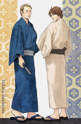 Rule 34 | 2boys, blue kimono, brown eyes, brown hair, chiyo (willgrahamlove), folding fan, hand fan, hannibal (tv series), hannibal lecter, holding, holding fan, japanese clothes, kimono, looking at viewer, looking back, male focus, multiple boys, sandals, simple background, standing, wide sleeves, will graham
