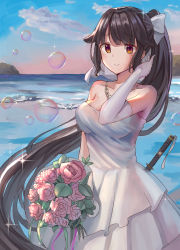 Rule 34 | 1girl, absurdres, alternate costume, animal ears, azur lane, beach, black hair, blush, bouquet, bow, breasts, bridal gauntlets, bubble, dog ears, dress, flower, hair bow, hair ears, highres, jewelry, katana, kneeichigo, large breasts, long hair, looking at viewer, necklace, ponytail, smile, solo, sword, takao (azur lane), weapon, wedding dress
