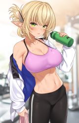 Rule 34 | 1girl, aegis (takunomi), bare shoulders, black pants, blonde hair, blurry, blurry background, blush, bottle, breasts, cleavage, collarbone, commentary request, cowboy shot, elf, enjo kouhai, folded ponytail, green eyes, gym, hair between eyes, highres, holding, holding bottle, holding towel, indoors, jacket, large breasts, long sleeves, looking at viewer, midriff, navel, off shoulder, pants, parted lips, pink sports bra, pointy ears, sidelocks, solo, sports bra, standing, sweat, takunomi, tight clothes, tight pants, towel, water bottle, white jacket