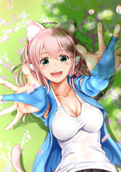 Rule 34 | 1girl, :d, animal ears, armpits, arms up, black skirt, blue vest, blush, breasts, cat ears, cat tail, cherry blossoms, cleavage, collarbone, cowboy shot, dappled sunlight, day, detached sleeves, from above, ganari ryuu, glowing, grass, green eyes, hair between eyes, hairband, headphones, headset, highres, large breasts, light, long sleeves, looking at viewer, open clothes, open mouth, open vest, outdoors, petals, pink hair, plant, pleated skirt, round teeth, see-through, shirt, skirt, smile, solo, spread fingers, sunlight, super tama musume, t-shirt, tail, tamatoys, tareme, taut clothes, taut shirt, teeth, tongue, vest, wet, wet clothes, wet shirt, white shirt