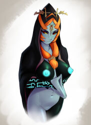 Rule 34 | 1girl, blue nipples, blue skin, breasts, closed mouth, colored nipples, colored sclera, colored skin, front ponytail, glowing nipples, highres, hood, hood up, large breasts, midna, midna (true), multicolored skin, navel, neon trim, nintendo, nipples, orange hair, pudgeruffian, pussy, red eyes, simple background, solo, the legend of zelda, third-party edit, two-tone skin, yellow sclera