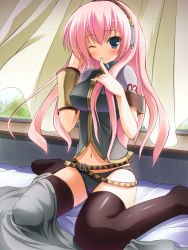 Rule 34 | 1girl, bed, bed sheet, belt, black panties, black thighhighs, blue eyes, blush, breasts, covered erect nipples, curtains, finger to mouth, highres, long hair, massan, medium breasts, megurine luka, midriff, navel, one eye closed, panties, pink hair, sitting, solo, thighhighs, underwear, vocaloid, wariza, wink