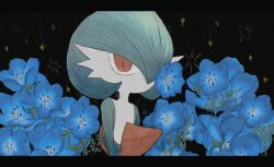Rule 34 | 1girl, artist name, black background, blue flower, bob cut, closed mouth, colored skin, creatures (company), dot mouth, female focus, flat chest, flower, game freak, gardevoir, gen 3 pokemon, green hair, green skin, hair over one eye, highres, letterboxed, looking at viewer, multicolored skin, nemophila (flower), nintendo, one eye covered, pokemon, pokemon (creature), red eyes, sazanami (rsrm1), short hair, signature, solo, sparkle, two-tone skin, upper body, white skin
