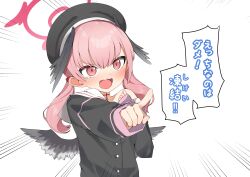 Rule 34 | 1girl, beret, black hat, black shirt, black wings, blue archive, blush, commentary request, emphasis lines, halo, hat, head wings, highres, koharu (blue archive), long hair, long sleeves, meriibe, open mouth, pink eyes, pink hair, pointing, red halo, sailor collar, sailor shirt, shirt, simple background, solo, speech bubble, translated, twintails, white background, white sailor collar, wings