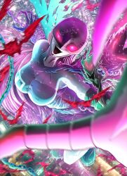 Rule 34 | 1girl, black bodysuit, bodysuit, breasts, chain, colored skin, demon girl, digimon, digimon (creature), fang, female focus, fingernails, green hair, grey skin, highres, kyamuu, ladydevimon, large breasts, long fingernails, long hair, looking at viewer, mask, open mouth, stitches, torn clothes