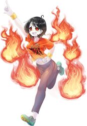 Rule 34 | 1girl, artist request, black hair, colored sclera, colored skin, crop top, cropped shirt, fire, full body, game cg, grey sclera, grey skin, kasuka (monster musume), midriff, monster musume no iru nichijou, monster musume no iru nichijou online, navel, official art, open mouth, pants, print shirt, shirt, shoes, short hair, sneakers, solo, tachi-e, teeth, transparent background, upper teeth only, wristband, yellow wristband, yoga pants