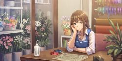 Rule 34 | 10s, 1girl, anbe yoshirou, apron, arm support, blush, brown hair, flower, flower shop, green eyes, highres, idolmaster, idolmaster cinderella girls, jewelry, long hair, looking at viewer, necklace, newspaper, scissors, shibuya rin, shop, solo, table