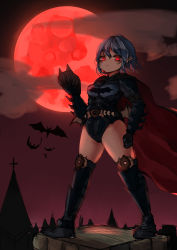 Rule 34 | 1girl, :&lt;, absurdres, armor, armored leotard, bat (animal), batman, batman (cosplay), batman (series), belt, black gloves, black leotard, blue hair, breasts, cape, clenched hand, cloud, cloudy sky, cosplay, dc comics, gloves, greaves, grey thighhighs, highres, knee pads, kourou (kouroukun), leotard, looking at viewer, mask, unworn mask, moon, night, over-kneehighs, pointy ears, red eyes, red moon, remilia scarlet, rooftop, scarlet devil mansion, short hair, sky, small breasts, solo, spikes, standing, superhero costume, thighhighs, thighs, touhou, trait connection
