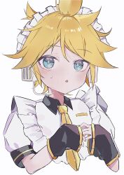 Rule 34 | 1boy, :o, apron, bishounen, black sleeves, blonde hair, blue eyes, crossdressing, detached sleeves, geometry682, headphones, highres, kagamine len, light blush, maid, maid apron, maid headdress, male focus, messy hair, necktie, open mouth, own hands together, puffy short sleeves, puffy sleeves, short hair, short ponytail, short sleeves, simple background, solo, sweatdrop, upper body, vocaloid, white background, yellow necktie