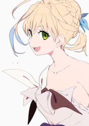 Rule 34 | 1girl, :d, ahoge, armpit crease, artoria pendragon (all), artoria pendragon (fate), blonde hair, blue bow, blue hair, bow, braid, breasts, cleavage, collarbone, crown braid, dress, dress flower, eyelashes, fate/grand order, fate (series), from side, green eyes, grey background, grey dress, hair bow, hair bun, light blush, looking at viewer, looking to the side, multicolored hair, open mouth, saber (fate), sideways glance, single hair bun, sleeveless, sleeveless dress, smile, sohin, solo, teeth, two-tone hair, upper body, upper teeth only