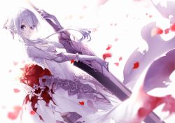 Rule 34 | 1girl, asymmetrical bangs, blood, blood on clothes, breasts, commentary, dress, expressionless, eyes visible through hair, flower, gloves, grey eyes, hair ornament, head tilt, highres, looking at viewer, medium breasts, parted lips, rose, sinoalice, snow white (sinoalice), solo, sword, torn clothes, weapon, white dress, white hair, yoggi (stretchmen)