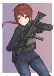 Rule 34 | 1girl, absurdres, assault rifle, border, bulletproof vest, colt 9mm smg, d-sawa613, denim, gloves, gun, highres, holding, holding gun, holding weapon, holster, jeans, long sleeves, looking to the side, m16, original, pants, ponytail, red eyes, red hair, rifle, short hair, smile, solo, submachine gun, tactical clothes, thigh strap, trigger discipline, weapon, white border