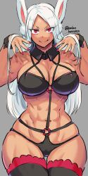 Rule 34 | 1girl, :q, abs, animal ears, bare shoulders, black bra, black panties, black wrist cuffs, boku no hero academia, bra, breasts, cleavage, dark-skinned female, dark skin, detached collar, grey background, hands up, harurukan, highres, holding, holding own hair, large breasts, long eyelashes, long hair, looking at viewer, mirko, muscular, muscular female, navel, o-ring, panties, parted bangs, rabbit ears, rabbit girl, red eyes, red nails, skindentation, smile, solo, thick thighs, thigh gap, thighhighs, thighs, tongue, tongue out, twitter username, underwear, very long hair, white hair, wrist cuffs