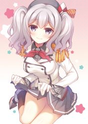 Rule 34 | 1girl, beret, black skirt, black socks, blush, breasts, buttons, closed mouth, clothes lift, collared shirt, double-breasted, epaulettes, frilled sleeves, frills, gloves, gradient background, grey shirt, gunp, hat, head tilt, kantai collection, kashima (kancolle), large breasts, long hair, long sleeves, looking at viewer, military, military uniform, miniskirt, neckerchief, pink background, pleated skirt, purple eyes, red neckerchief, rudder footwear, shirt, sidelocks, silver hair, sitting, skirt, skirt lift, smile, socks, solo, star (symbol), striped, striped background, taut clothes, taut shirt, twintails, undershirt, uniform, wavy hair, white background, white gloves, white shirt, wing collar, yokozuwari